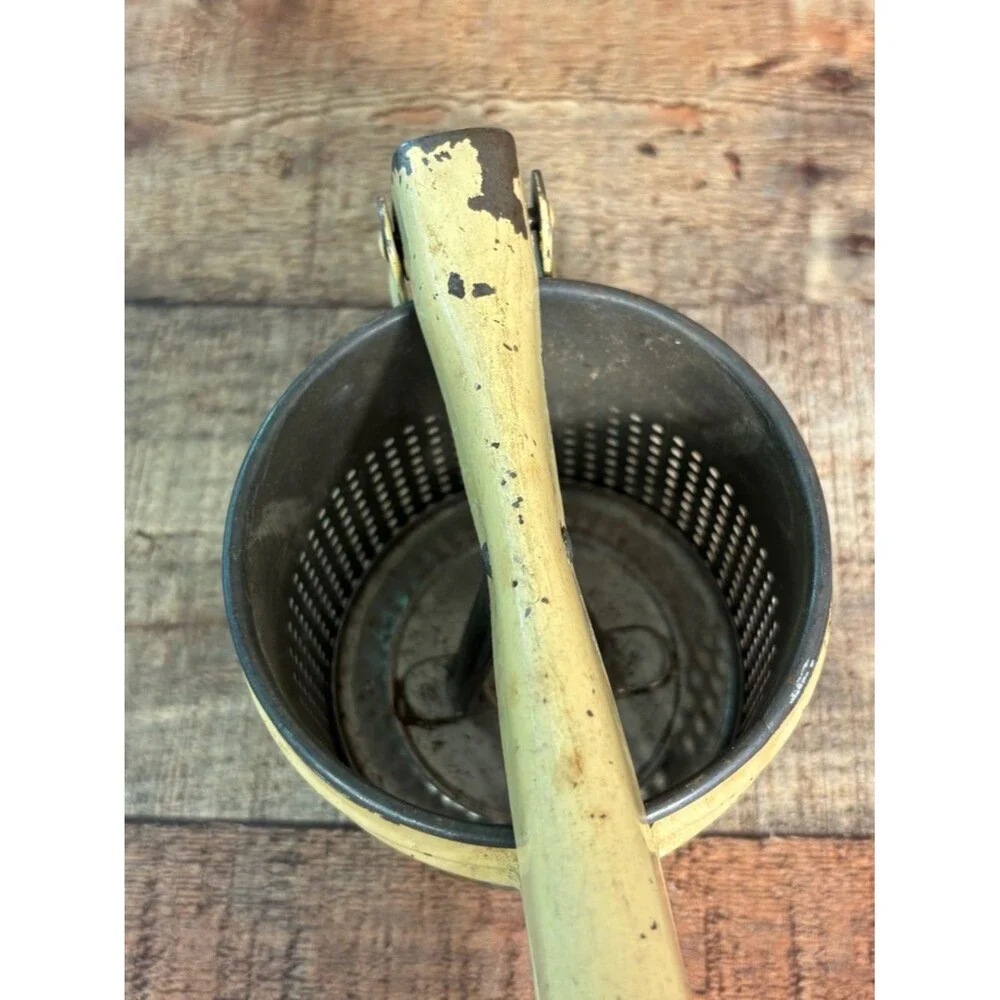 Vintage Potato Ricer Masher Juicer Strainer Metal Hinged Press Yellow Handheld